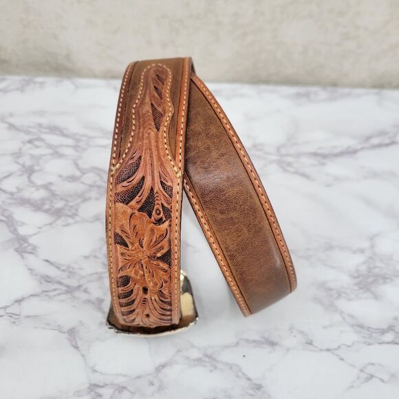 Tony Lama Brown Leather Floral Tooled Belt with Silver Buckle Top Hand - Picture 4 of 16